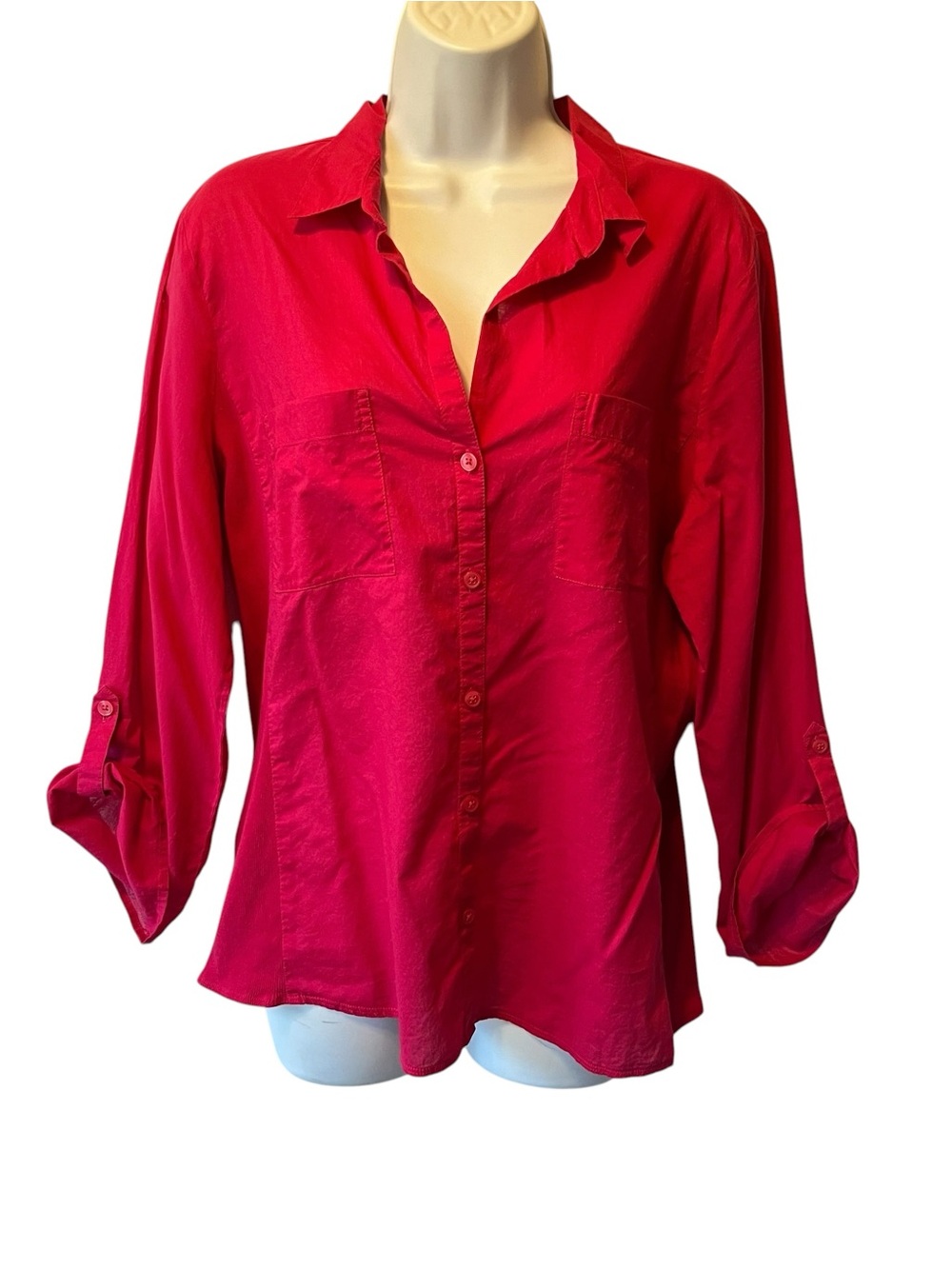 Ann Taylor button up blouse 14 Pink Cotton 3/4 roll tab sleeve shirt Womens top